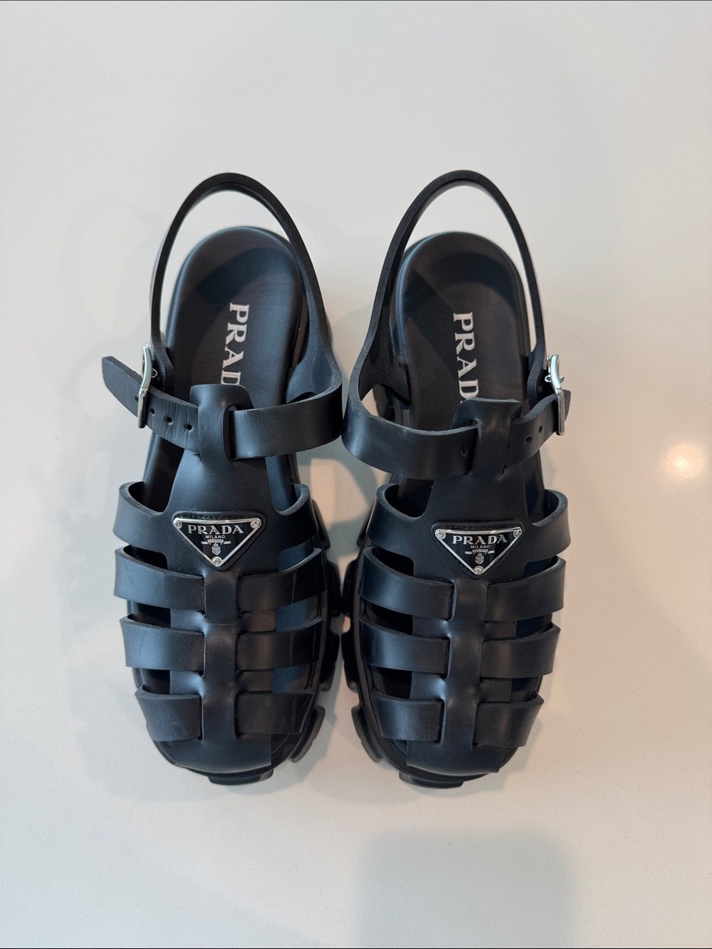 Prada Black Jelly Fisherman Sandals with Logo Plaque
